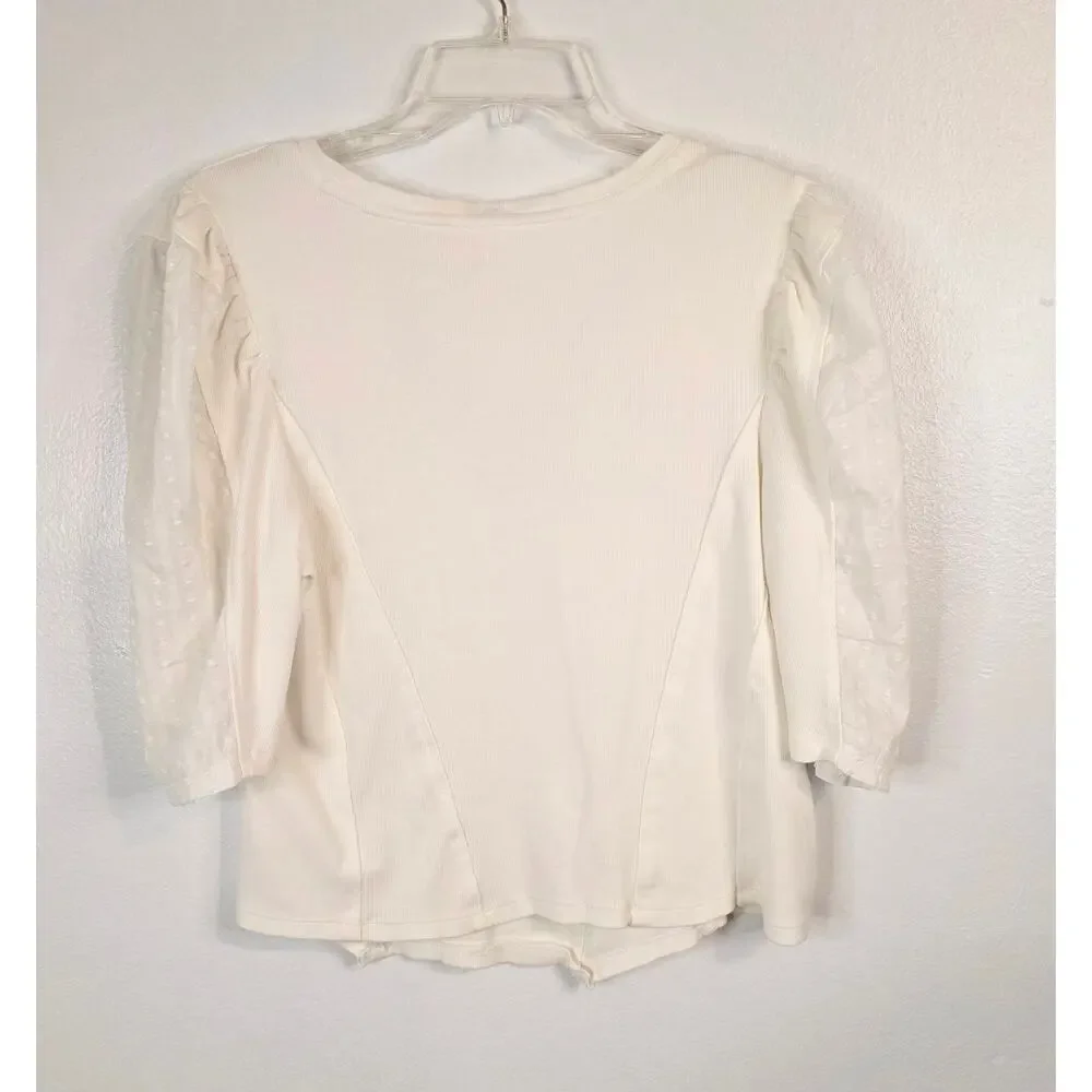 Anthropologie Puff Sleeve Structured V Neck Top Ivory Women XL Boho Cottagecore